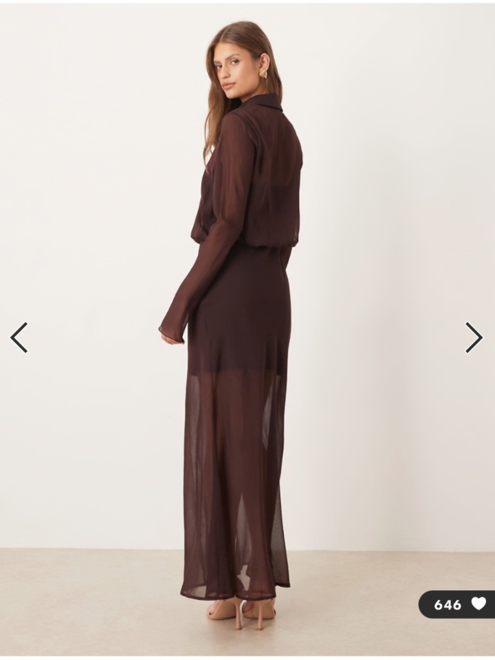 NWT ASOS DESIGN Sheer Chocolate Brown Midi Shirt Dress | Long Sleeve - Picture 4 of 10
